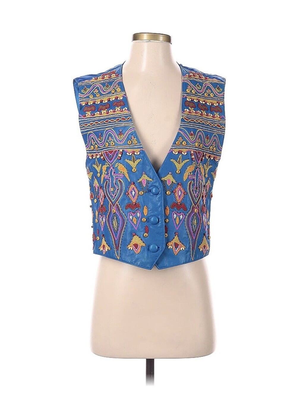 NWT Erez Blue Leather Embroidered vest Best Equestrian Southwest Small